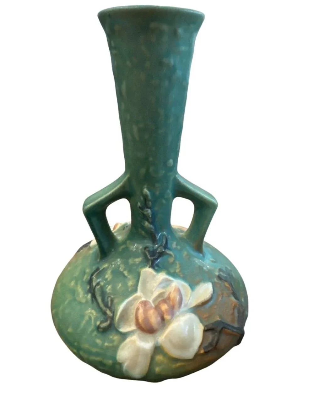 Roseville Magnolia 179-7" Green Ceramic Double Handle Vase Vintage USA - Picture 4 of 6